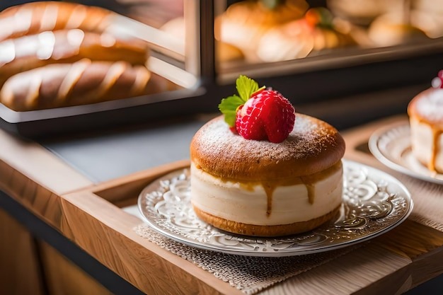 Una torta con sopra un lampone si trova su un vassoio davanti a una finestra.