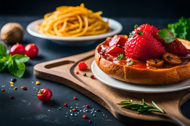 una torta con sopra una bacca rossa e qualche altro cibo su un piatto.