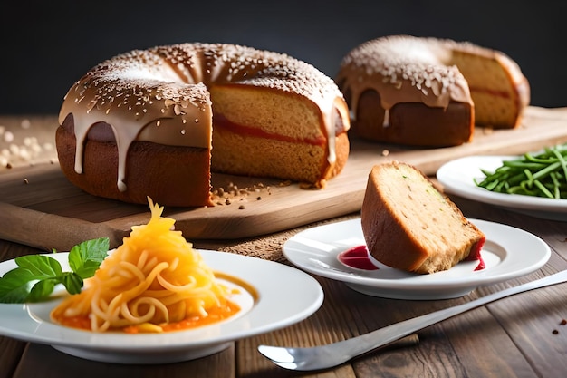 Una torta con sopra una fetta di fragola accanto ad altri alimenti.