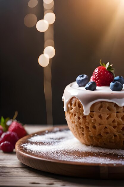 Una torta con sopra una fragola e sopra dei mirtilli