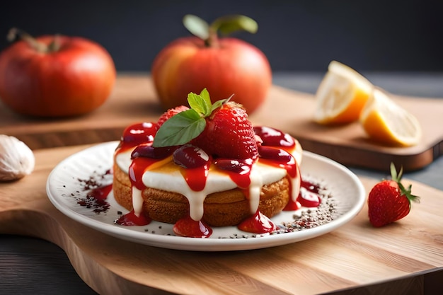 Una torta con sopra una fragola e sopra una fragola