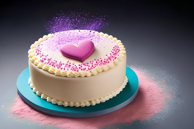 Una torta con un cuore rosa in cima