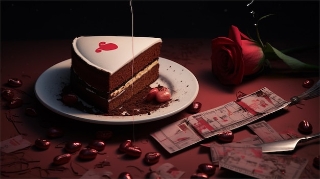Una torta con un cuore rosso in cima e un sacco di altri oggetti sul tavolo.