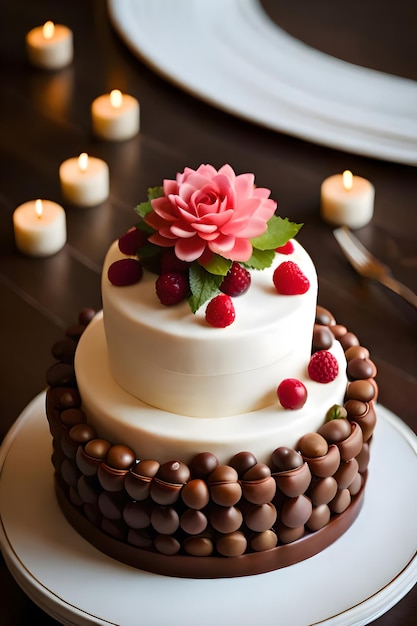 Una torta con un fiore rosa in cima e una torta bianca con sopra dei cioccolatini.