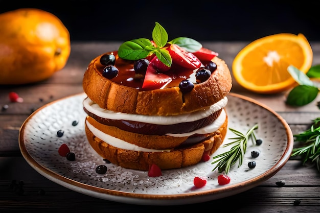 una torta con un frutto e un piatto con una fetta di frutta