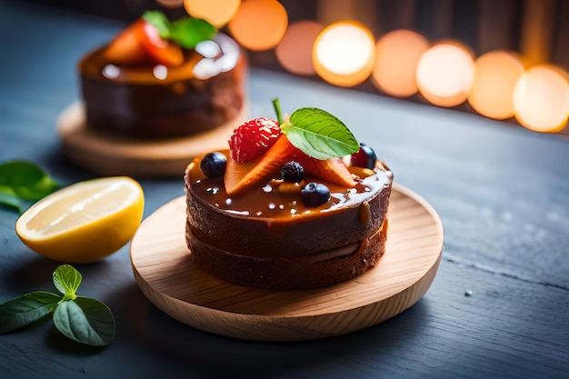 una torta con un frutto su di essa si siede su un piatto con un cuneo di limone su di esso