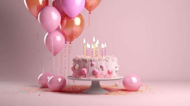 Una torta con un mazzo di palloncini e sopra la scritta compleanno