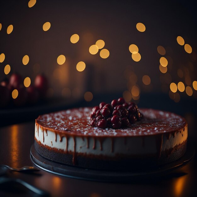 Una torta con una bacca rossa in cima è su un tavolo.