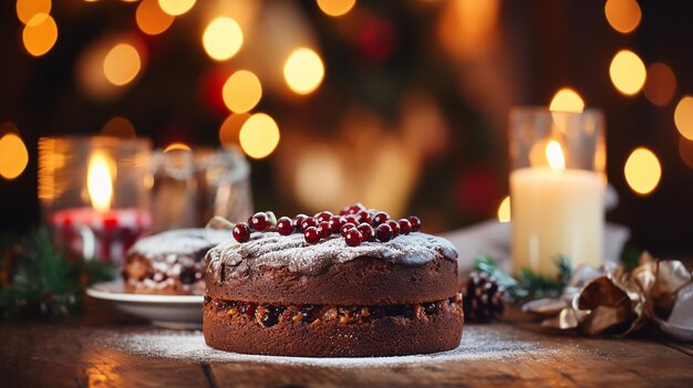 Una torta con una candela sullo sfondo