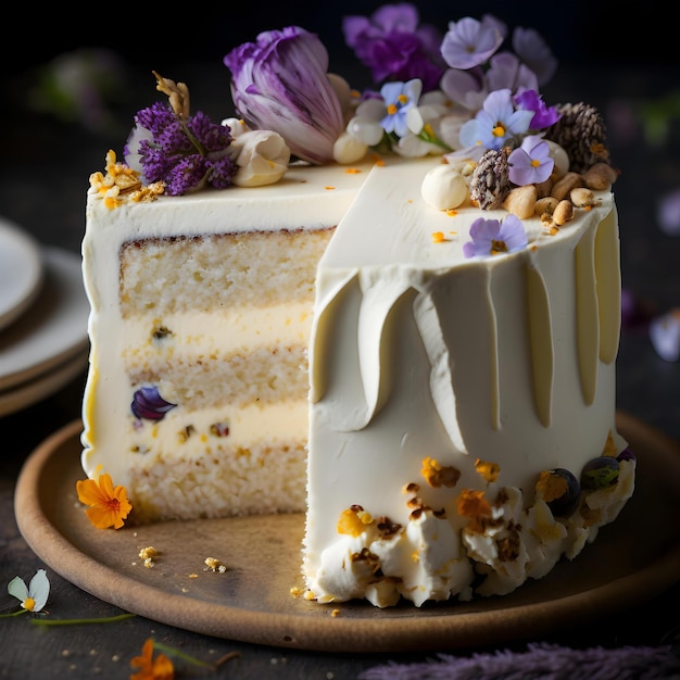 Una torta con una fetta ritagliata e fiori sul lato.