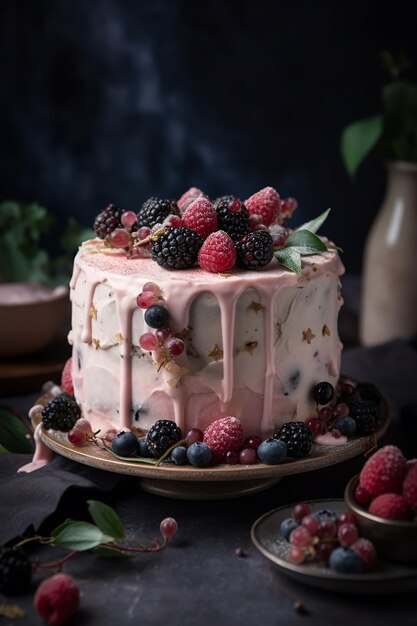 Una torta con una glassa rosa e frutti di bosco in cima