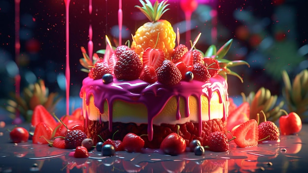 Una torta con una glassa viola e sopra una fragola