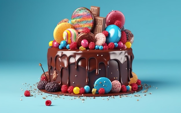 Una torta con una torta al cioccolato con una copertura di cioccolato e una barretta di cioccolato colorata in cima.