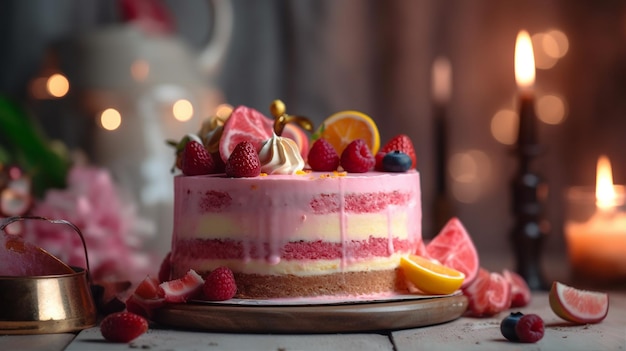 Una torta con uno strato rosa e una fetta di limone sopra