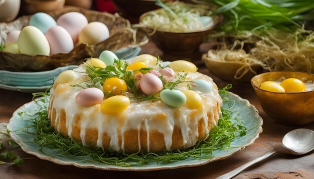 una torta con uova e uova su di essa si siede su un piatto