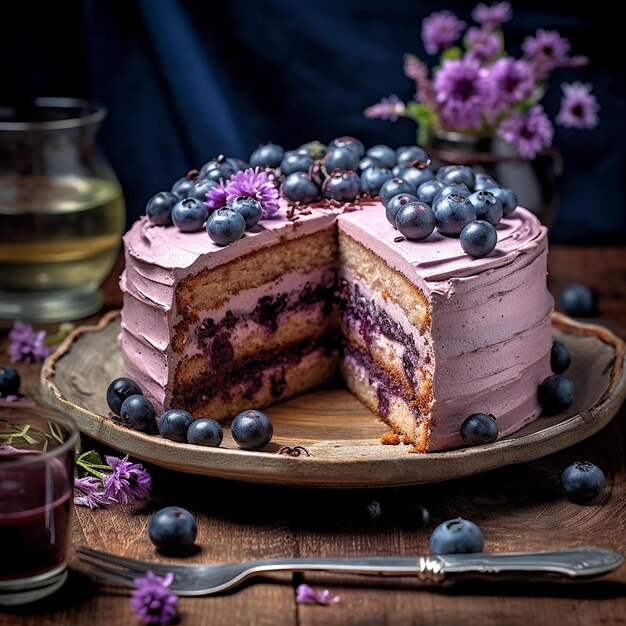 una torta con viola e mirtilli su un piatto di legno