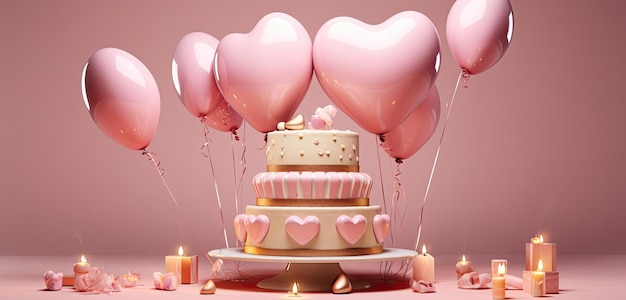 una torta dal cuore dorato con palloncini in stile rosa chiaro