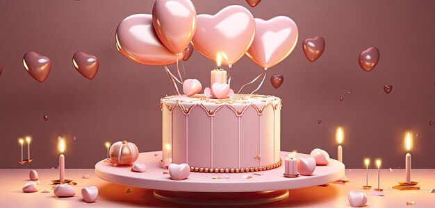 una torta dal cuore dorato con palloncini in stile rosa chiaro