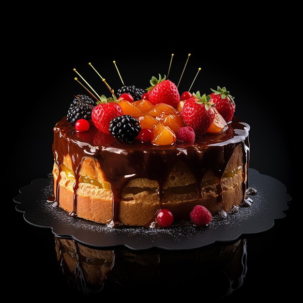 Una torta decadente sormontata da un assortimento di frutta fresca e ganache al cioccolato lucido