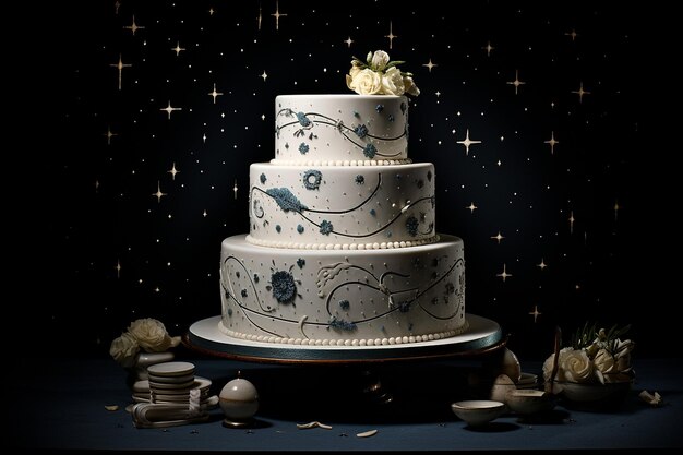 Una torta decorata con stelle e costellazioni di zucchero commestibili per un tema celeste