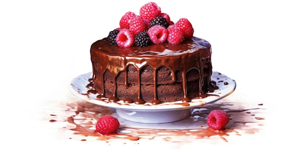 Una torta di cioccolato con lamponi e mirtilli in cima su un piatto bianco