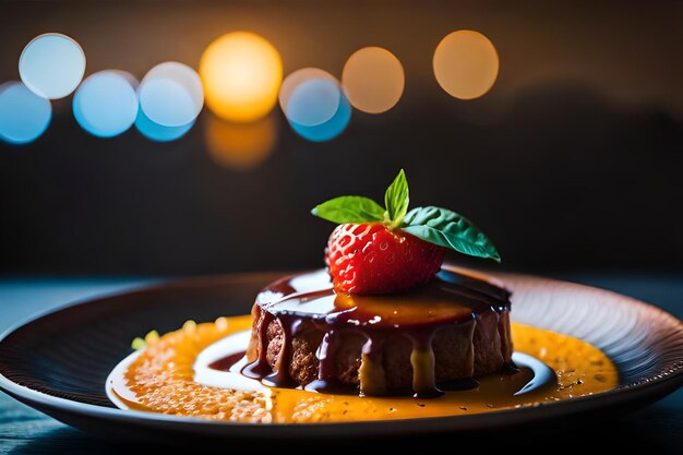 una torta di cioccolato con una fragola in cima è su un piatto con una fragole su di essa