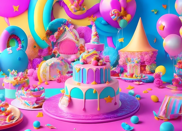 una torta di compleanno a tema rosa e blu con un fiocco rosa in cima.