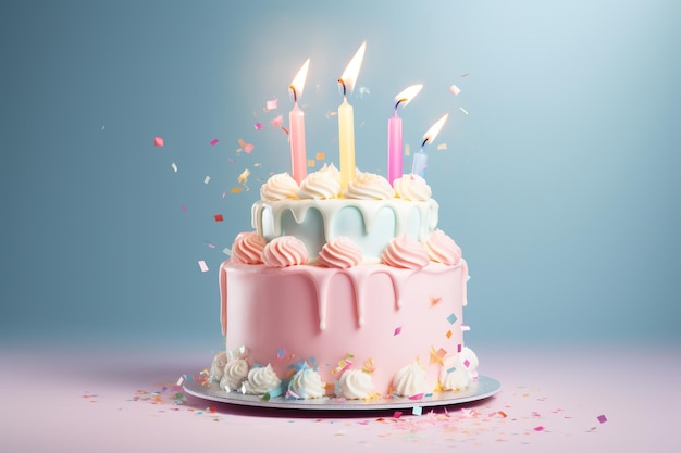 una torta di compleanno adornata con candeline e decorazioni festive perfette per celebrare occasioni gioiose