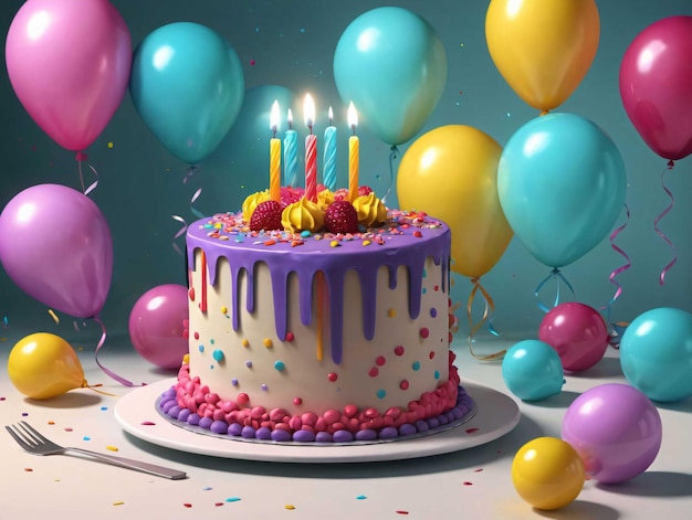 Una torta di compleanno circondata da palloncini e confetti