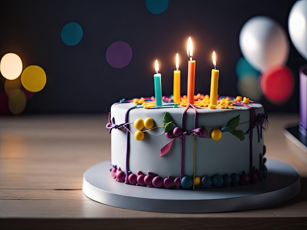 Una torta di compleanno colorata con candele su uno sfondo colorato ai generativo