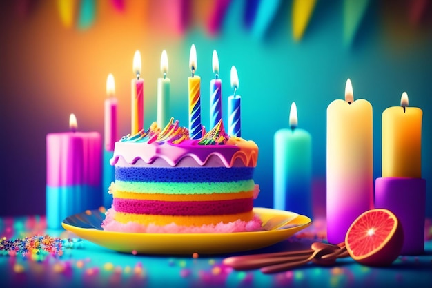 Una torta di compleanno colorata con sopra la parola compleanno