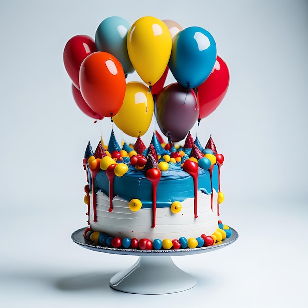 Una torta di compleanno con candele e palloncini colorati su sfondo bianco AI generativa