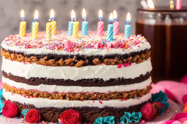Una torta di compleanno con le candeline sopra