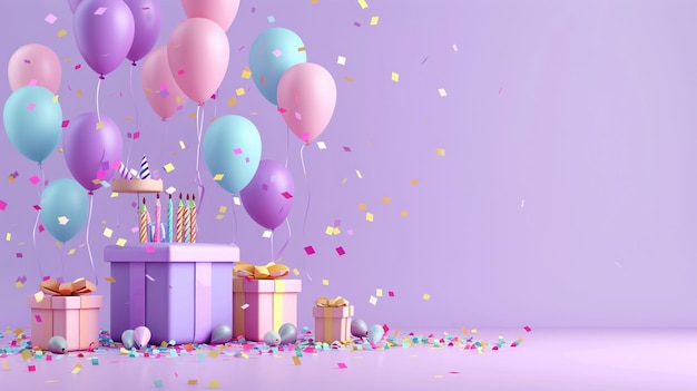 una torta di compleanno con palloncini e confetti in cima