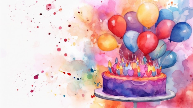 Una torta di compleanno con palloncini sopra è su un tavolo.