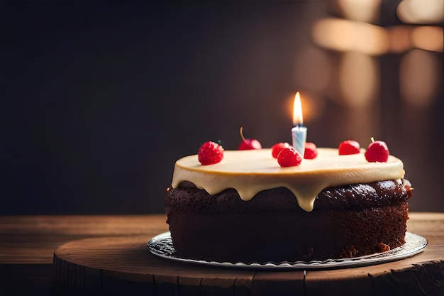 Una torta di compleanno con sopra una candela accesa