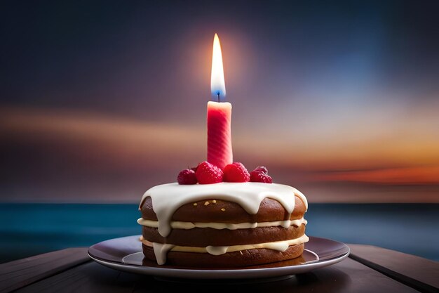 Una torta di compleanno con una candela che dice " Buon compleanno " in cima.