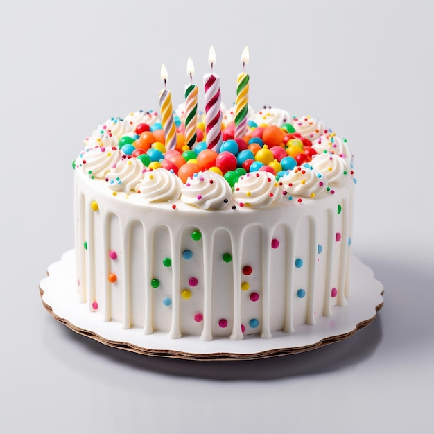 una torta di compleanno con una torta bianca con sopra caramelle colorate