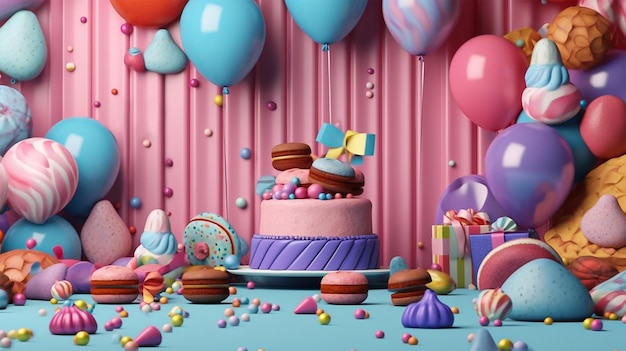 Una torta di compleanno con uno sfondo rosa e dei palloncini sopra.