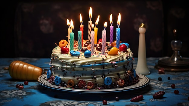 Una torta di compleanno da tavolo con candele fotografia di cibo