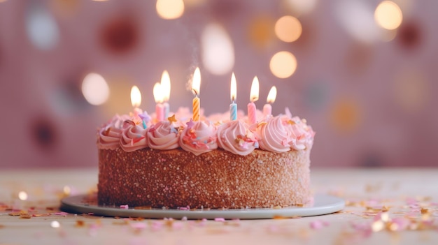 Una torta di compleanno festiva con candele accese si trova su un supporto sul tavolo