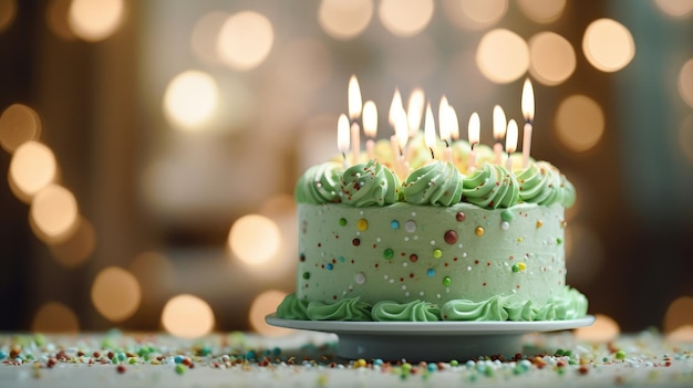 Una torta di compleanno festiva con candele accese si trova su un supporto sul tavolo