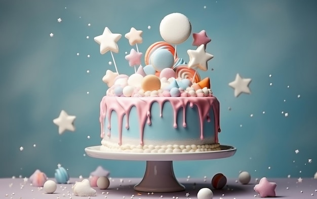 Una torta di compleanno vivace e festiva adornata con decorazioni colorate Generative Ai