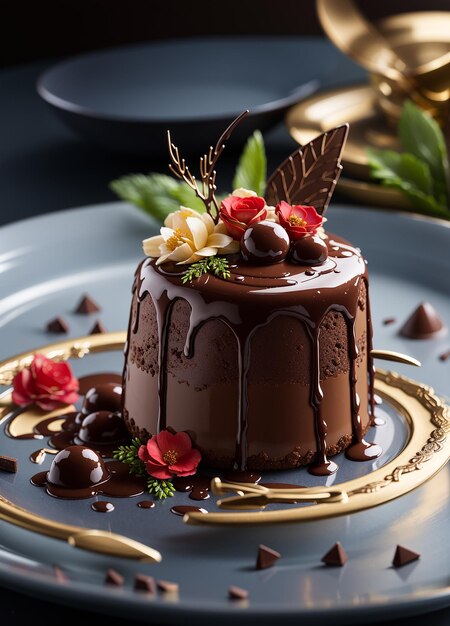 una torta di fantasia con cioccolato e fiori su un piatto