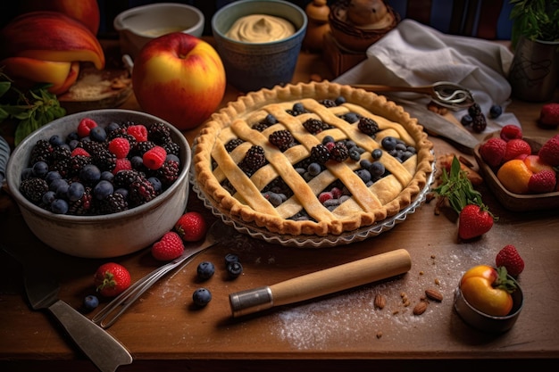 Una torta di frutta con una torta sul tavolo