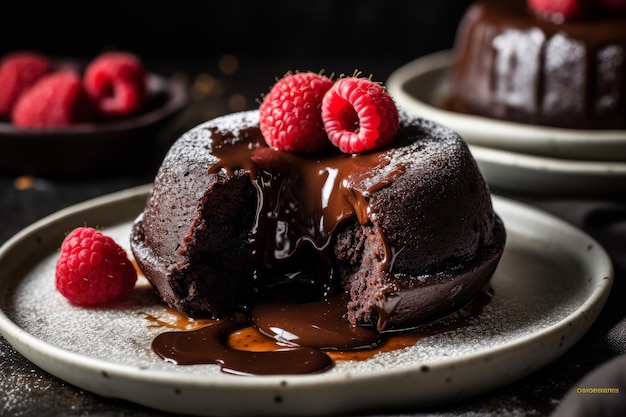 Una torta di lava al cioccolato con sopra dei lamponi