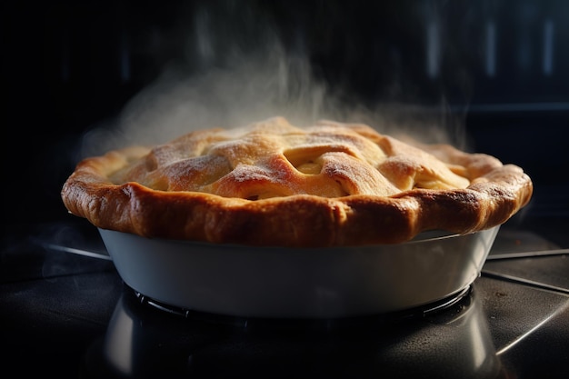 una torta di mele appena sfornata con una crosta dorata e un ripieno profumato che trasuda