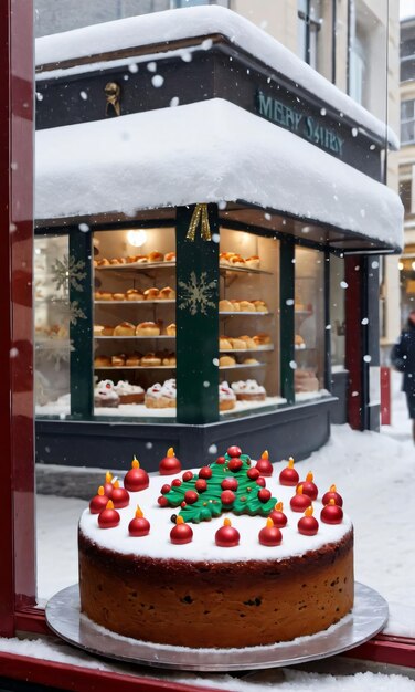 Una torta di Natale esposta nella finestra di una panetteria, la strada fuori coperta di neve.