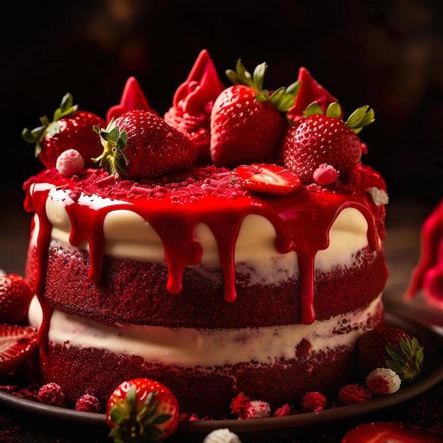 Una torta di velluto rosso con glassa bianca e fragole in cima.