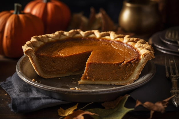 Una torta di zucca con una fetta estratta